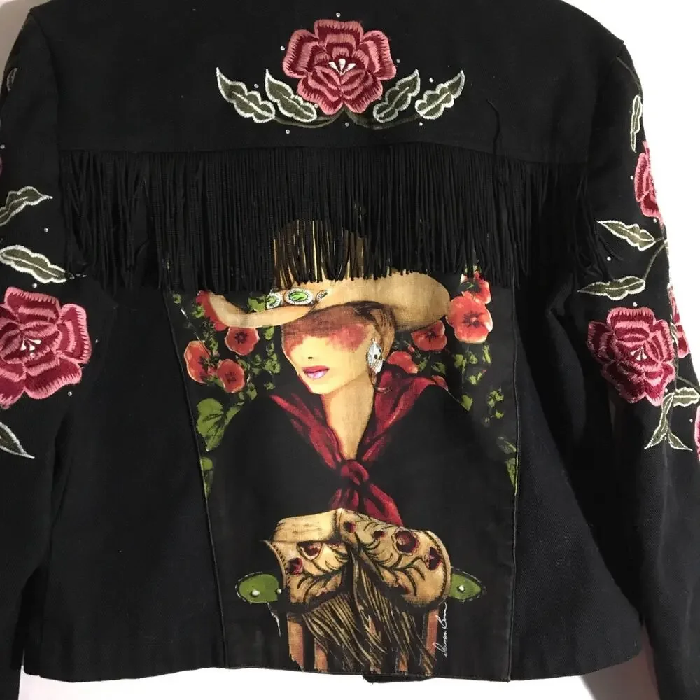 Doreman Burns Cowgirls Black Denim Fringe Floral Embroidered Western Jacket Sz S - Picture 6 of 6
